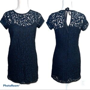 LOFT Black Navy Lace Overlay Short Sleeve Dress